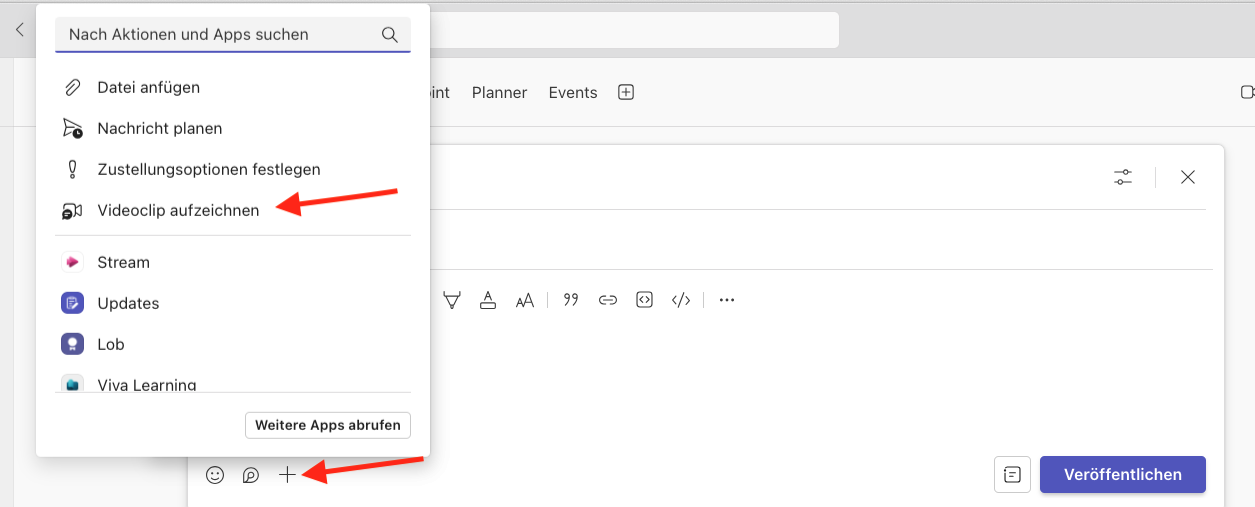 Videoclip aufzeichnen im Teams Kanal